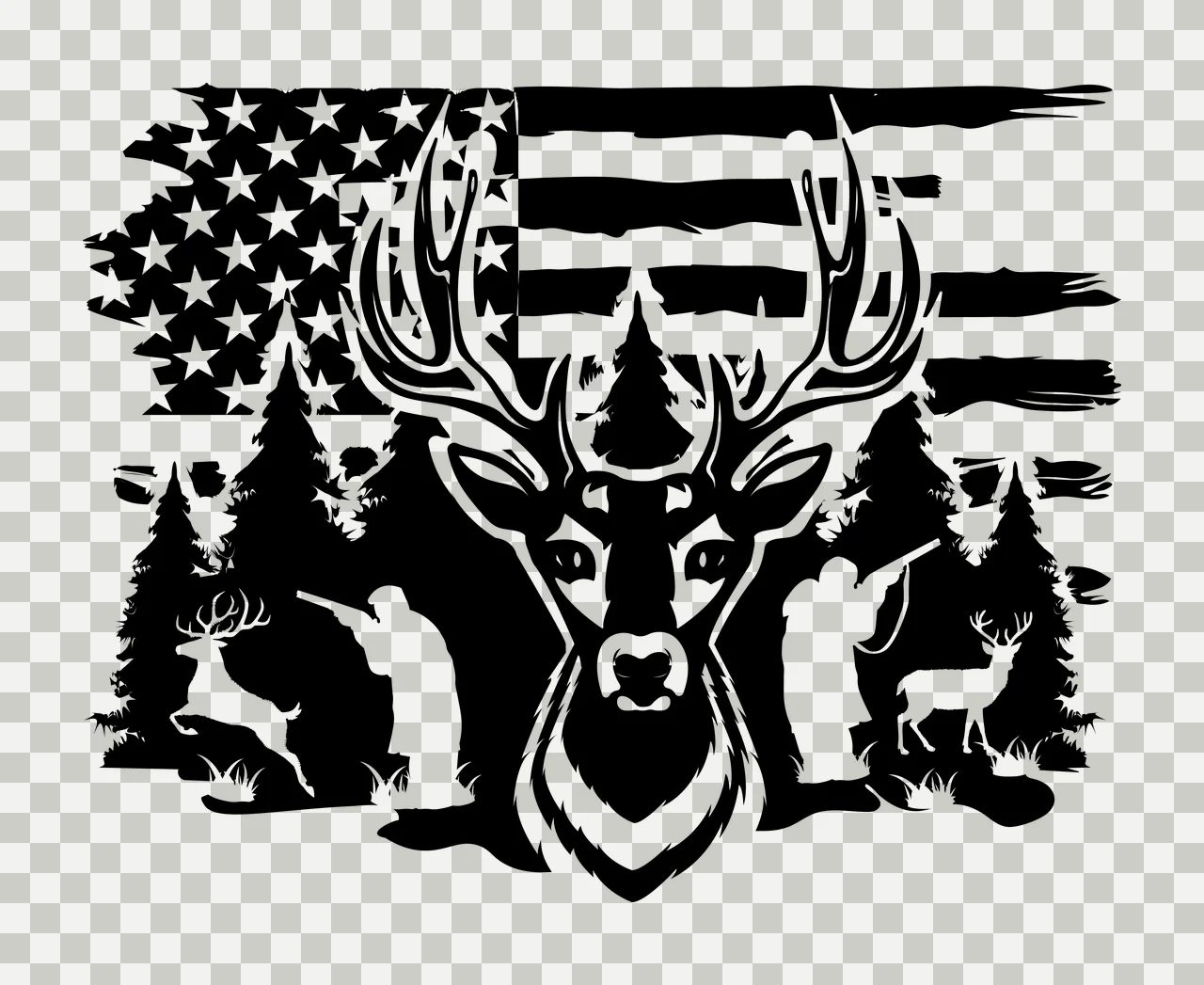 Deer Head And Flag Silhouette standing trees hunters black transparency and detail preview thumbnail
