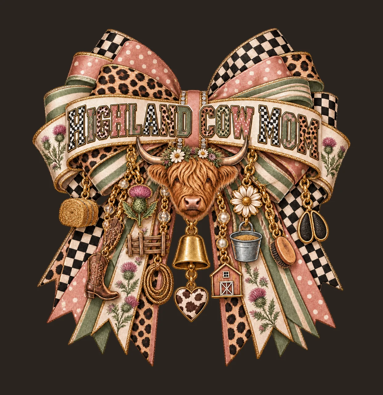 Highland Cow Mom Bow Charm PNG, Patterned Varsity Mom Ribbon Clipart, Transparent Sublimation Digital Download contrast preview thumbnail