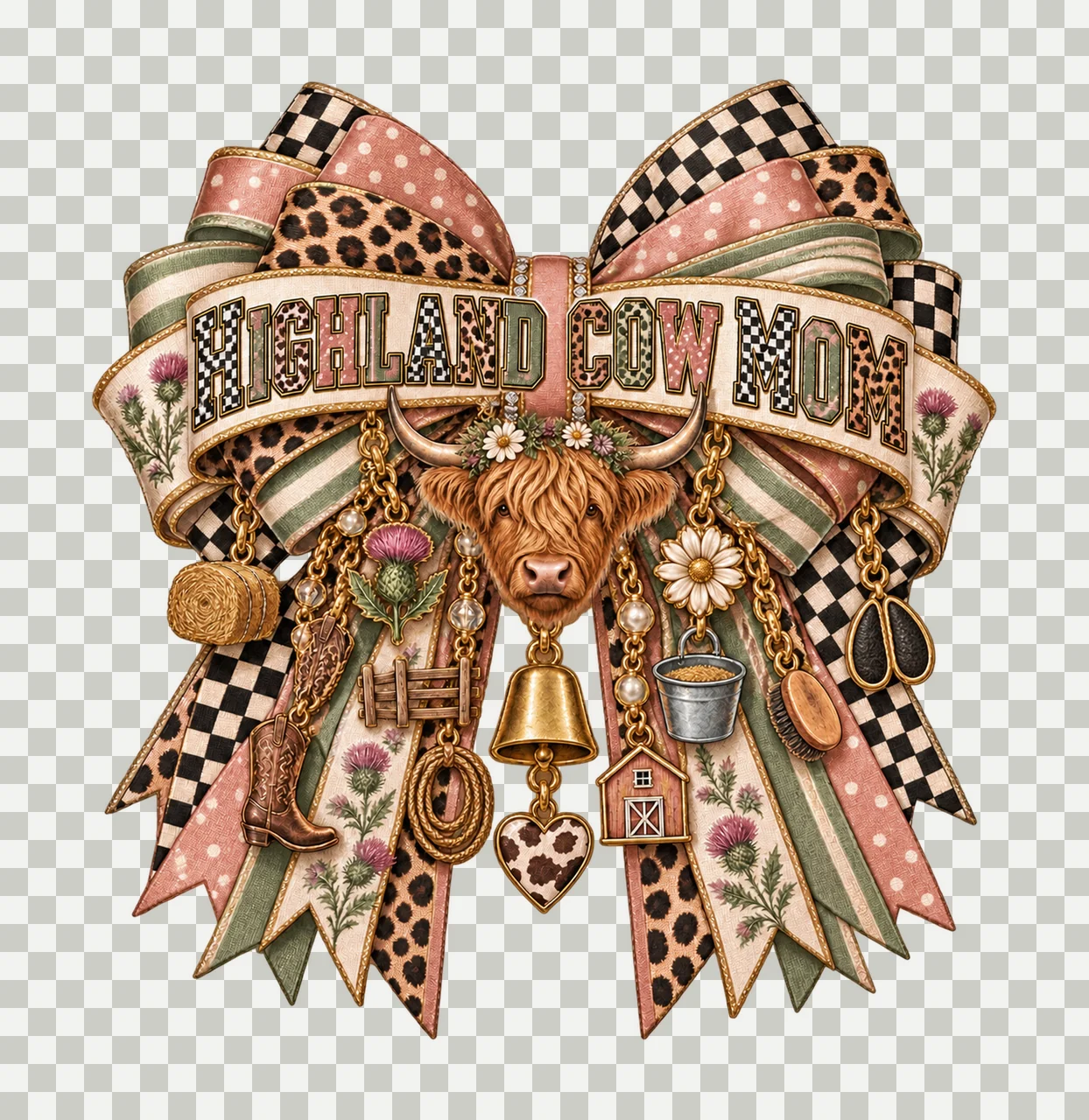 Highland Cow Mom Bow Charm PNG, Patterned Varsity Mom Ribbon Clipart, Transparent Sublimation Digital Download transparency and detail preview thumbnail