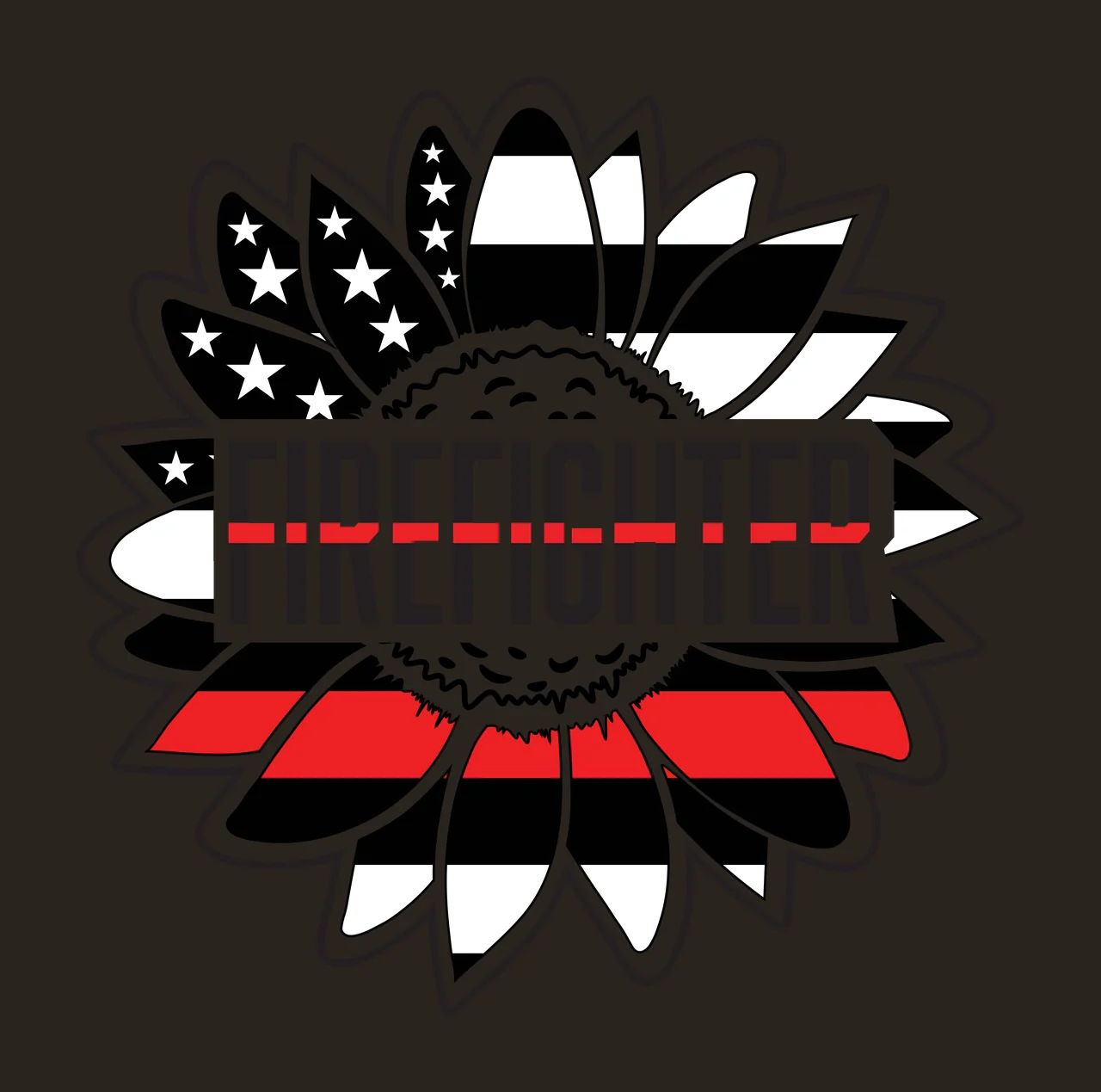 FIREFIGHTER sunflower Design with stars, stripes, text and thin red line in black and white contrast preview thumbnail