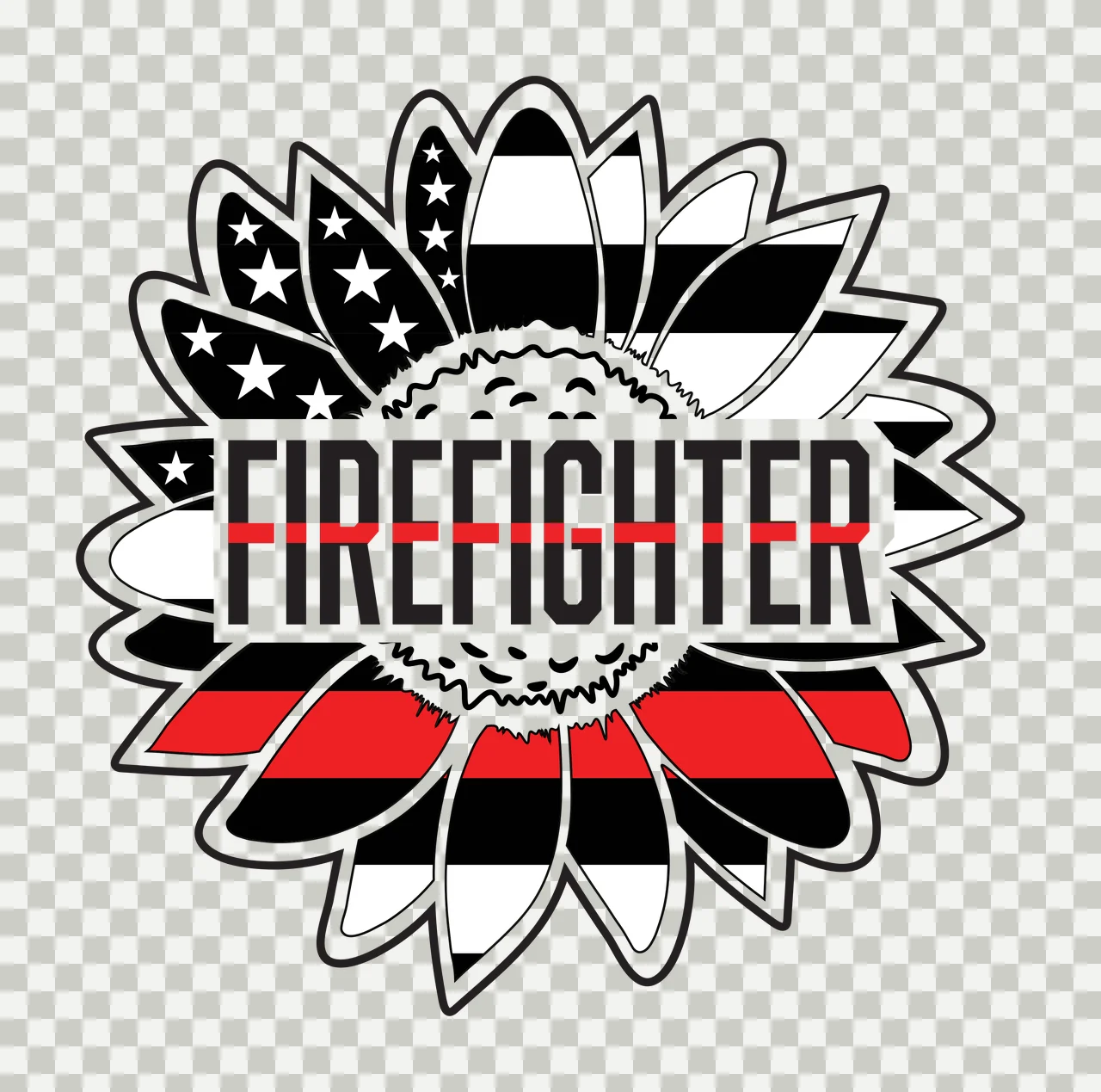 FIREFIGHTER sunflower Design with stars, stripes, text and thin red line in black and white transparency and detail preview thumbnail