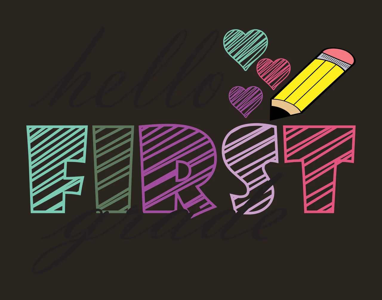 School Grade Hello White Hello First Grade Text pencil hearts contrast preview thumbnail