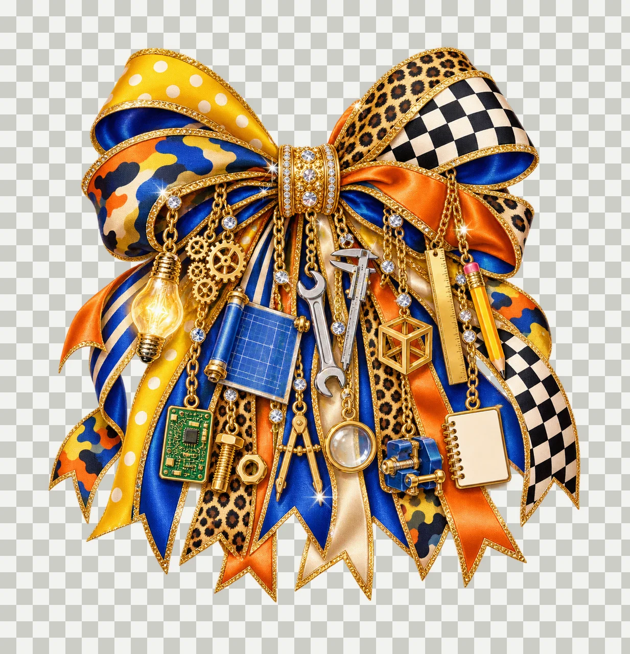Inventor Maker Bow Charm PNG, Themed Gold Chain Charms, Coquette Ribbon Sublimation Design, Transparent Digital Download transparency and detail preview thumbnail