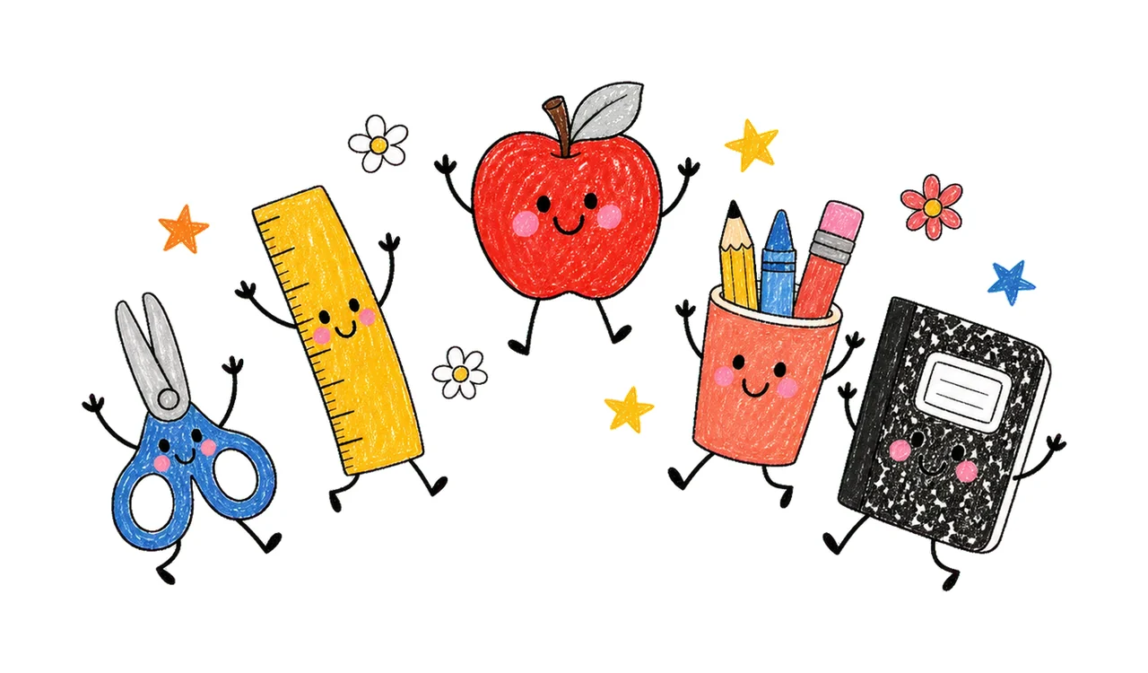School Anthropomorphic Items Jumping With Scissors ruler