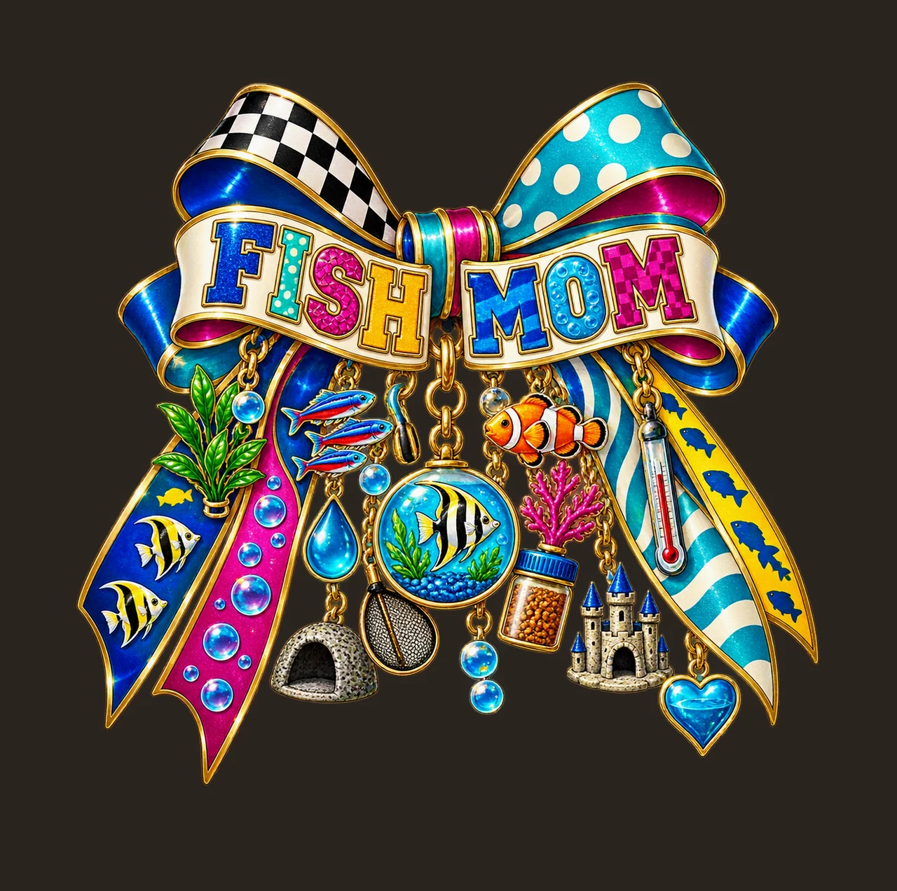 Fish Mom Bow Charm PNG, Patterned Varsity Mom Ribbon Clipart, Transparent Sublimation Digital Download contrast preview thumbnail