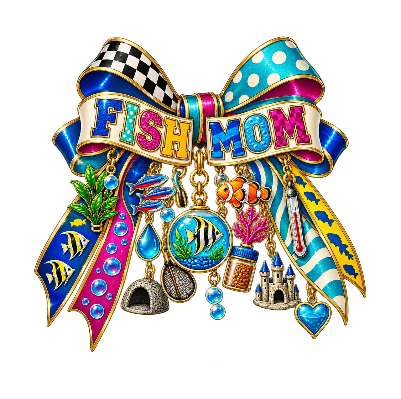 Fish Mom Bow Charm PNG, Patterned Varsity Mom Ribbon Clipart, Transparent Sublimation Digital Download