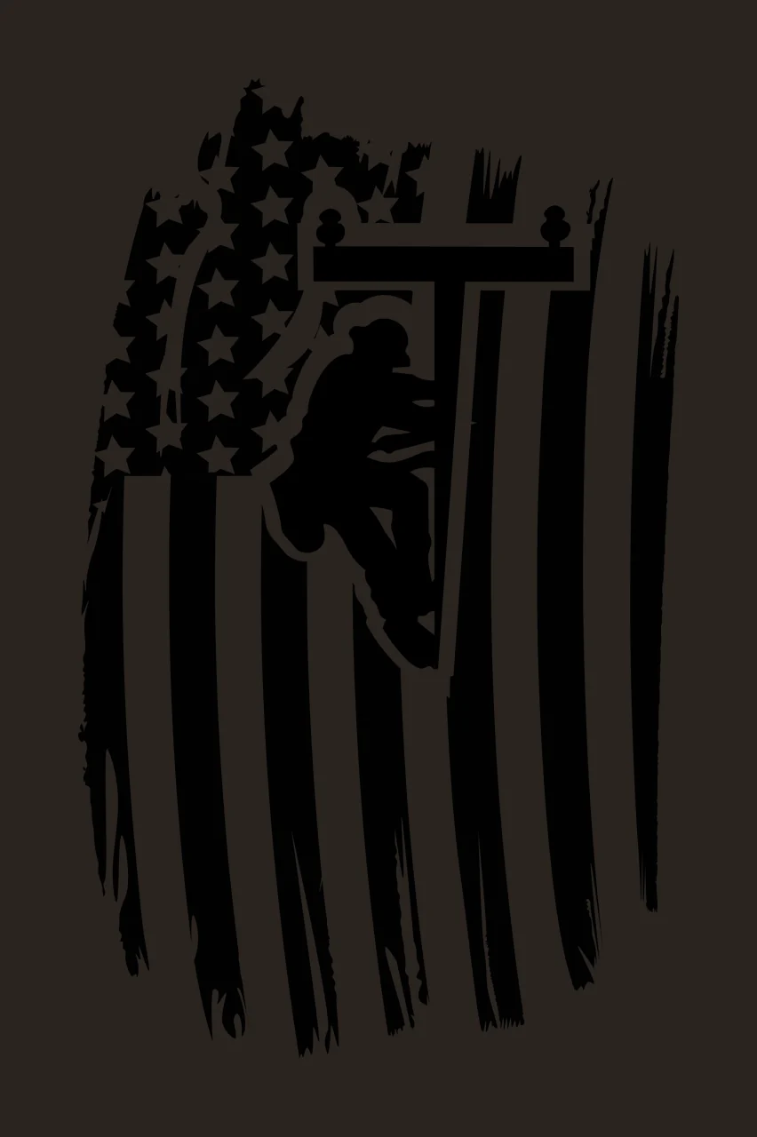 Silhouette Design of lineman climbing utility pole with crossarm, insulators, American flag and stars in black and white contrast preview thumbnail