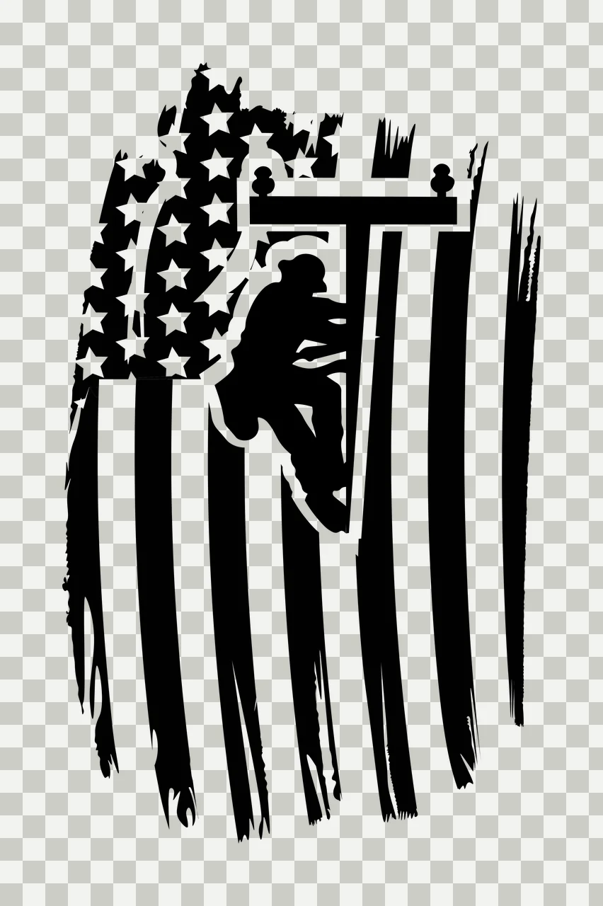 Silhouette Design of lineman climbing utility pole with crossarm, insulators, American flag and stars in black and white transparency and detail preview thumbnail
