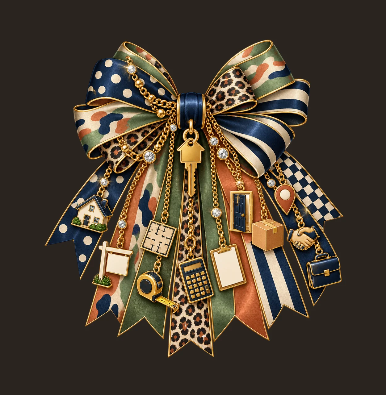 Real Estate Agent Bow Charm PNG, Themed Gold Chain Charms, Coquette Ribbon Sublimation Design, Transparent Digital Download contrast preview thumbnail