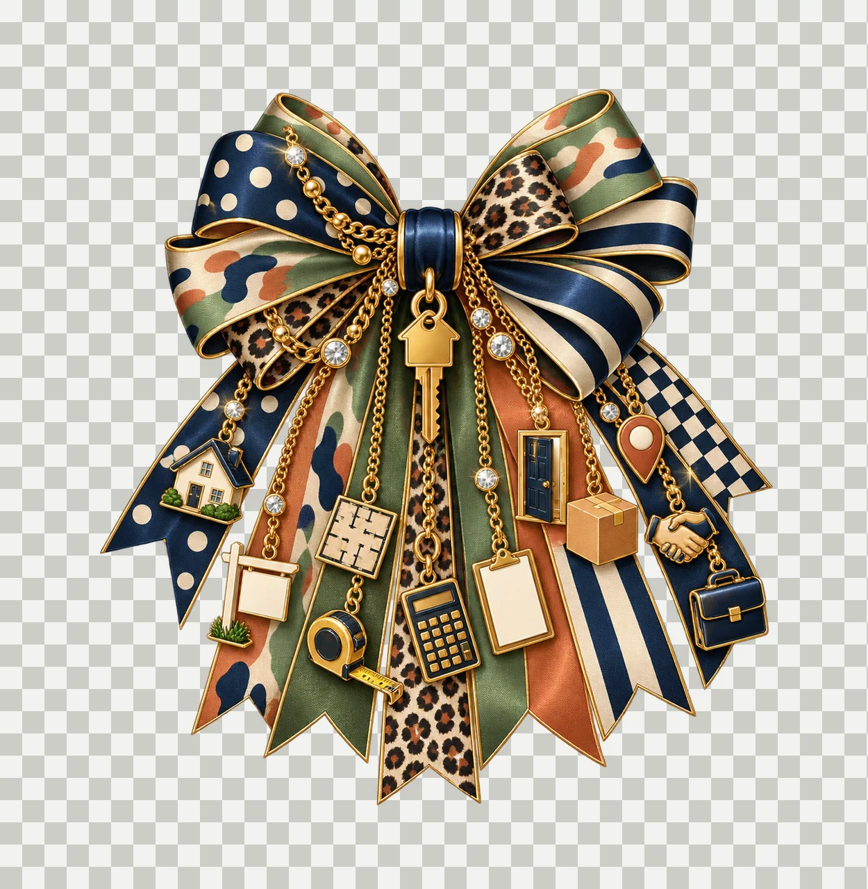 Real Estate Agent Bow Charm PNG, Themed Gold Chain Charms, Coquette Ribbon Sublimation Design, Transparent Digital Download transparency and detail preview thumbnail