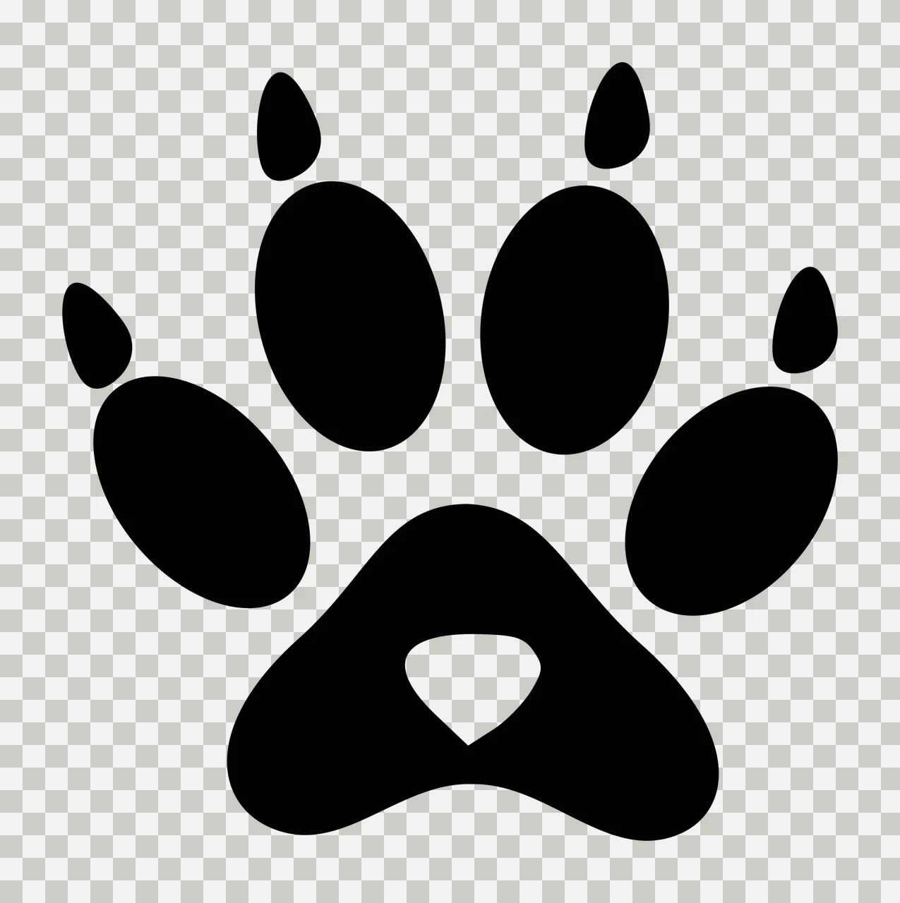 Silhouette Design of Black paw print with five pads and heart-shaped central pad with five oval pads, one heart-shaped central pad and white background transparency and detail preview thumbnail