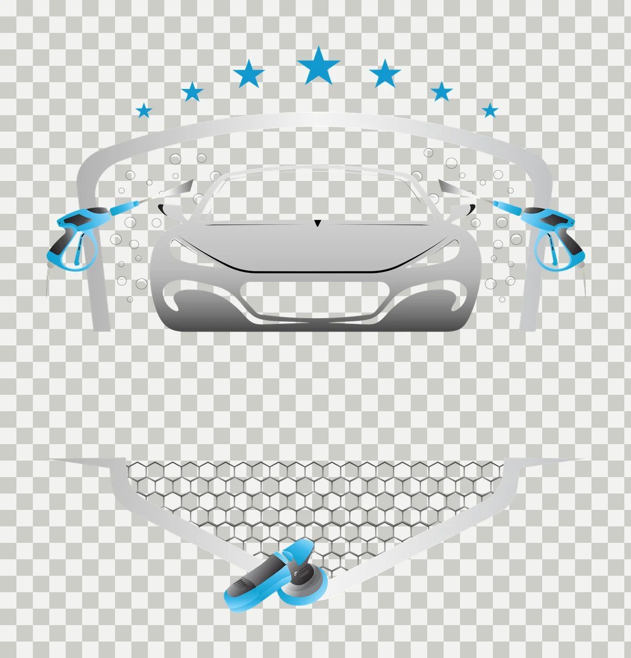 Car wash service logo design with gray car silhouette, blue pressure washers, blue stars and bubbles in white transparency and detail preview thumbnail