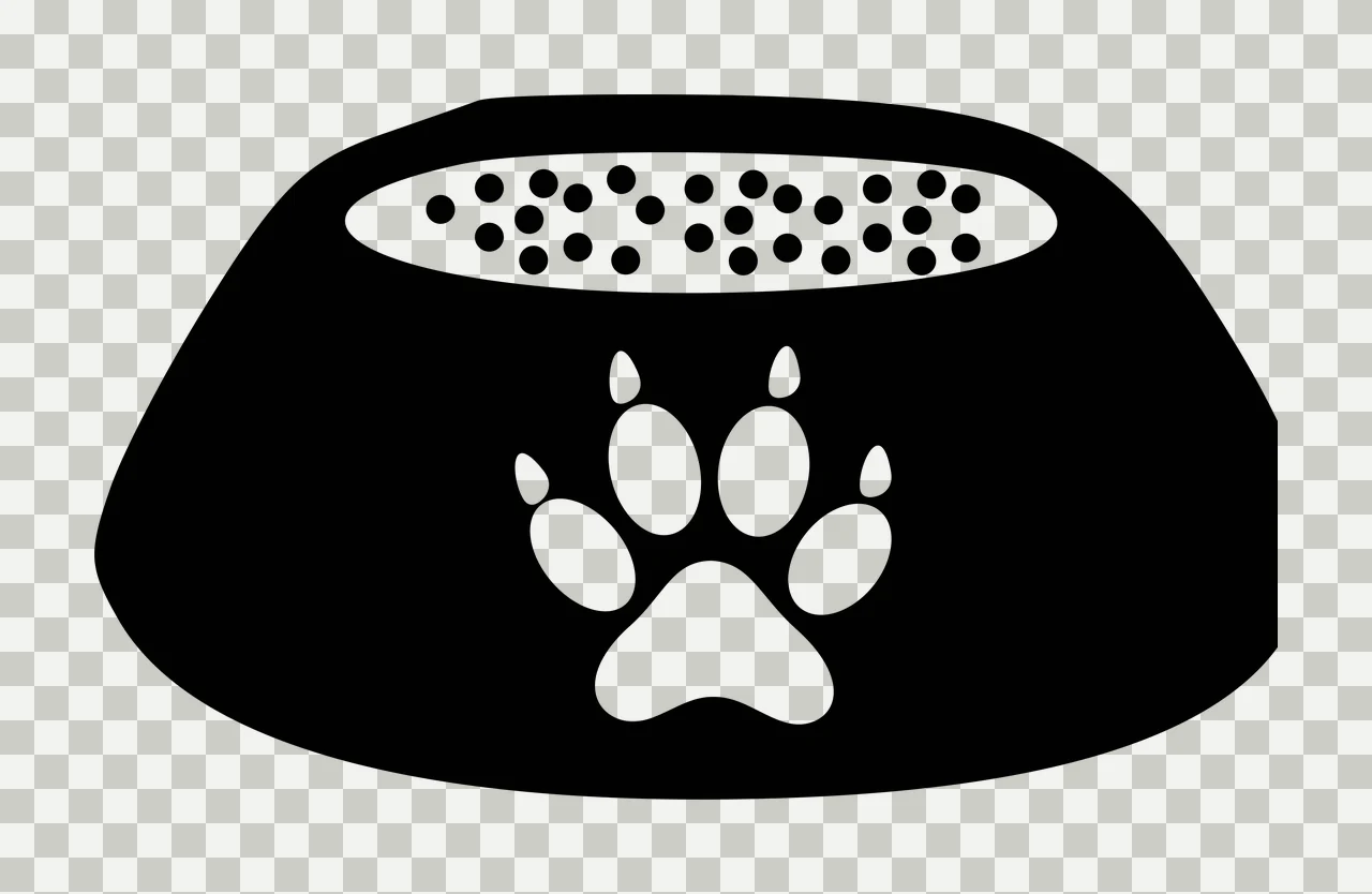 Pet food bowl with paw print design with black bowl, white paw print, white oval kibble area and black dots representing kibble transparency and detail preview thumbnail