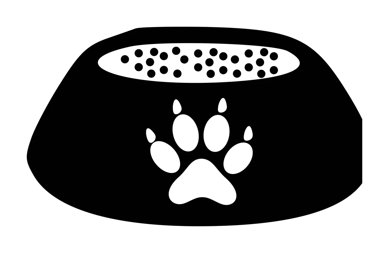 Pet food bowl with paw print design with black bowl, white paw print, white oval kibble area and black dots representing kibble
