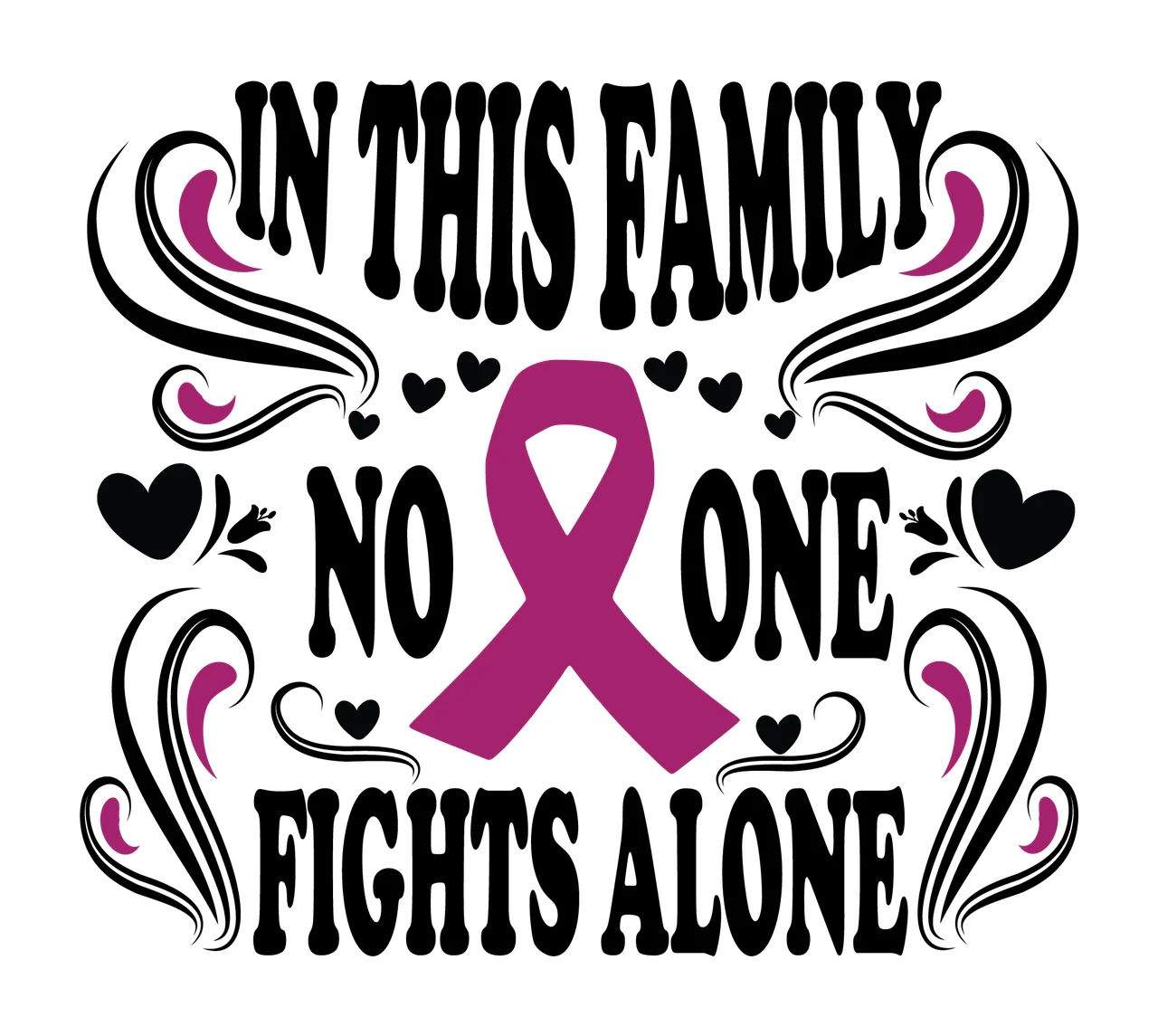 In This Family No One Fights Alone Awareness ribbon hearts