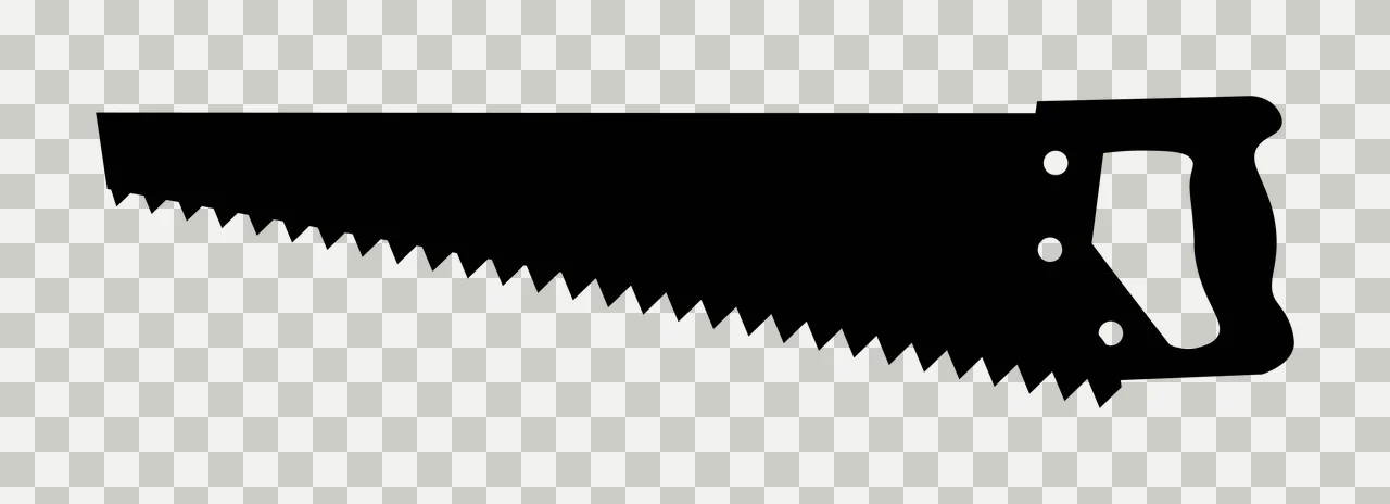 Silhouette Design of hand saw with serrated blade, saw teeth, handle cutout and screw holes in black and white transparency and detail preview thumbnail