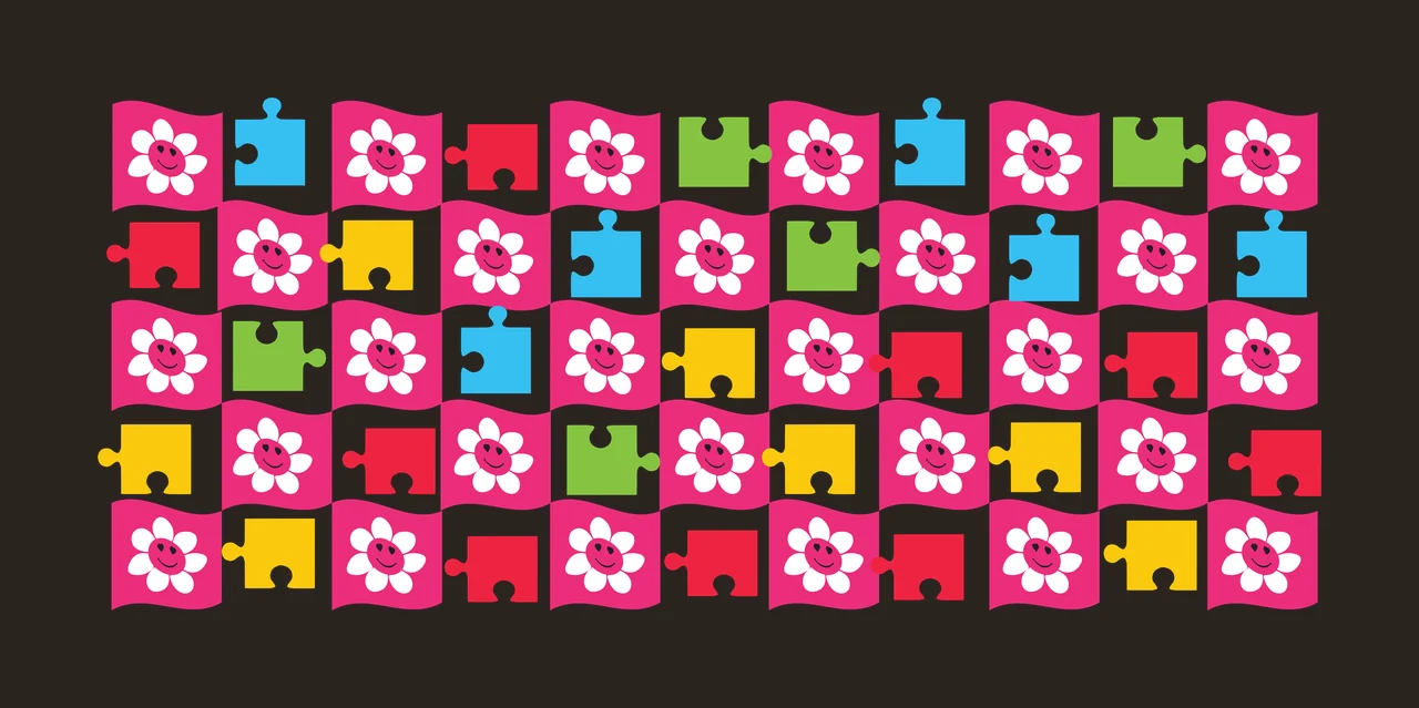 Pattern of pink wavy flags with puzzle pieces and daisies Illustration with white daisies with smiling faces and colorful puzzle pieces blue red green yellow contrast preview thumbnail