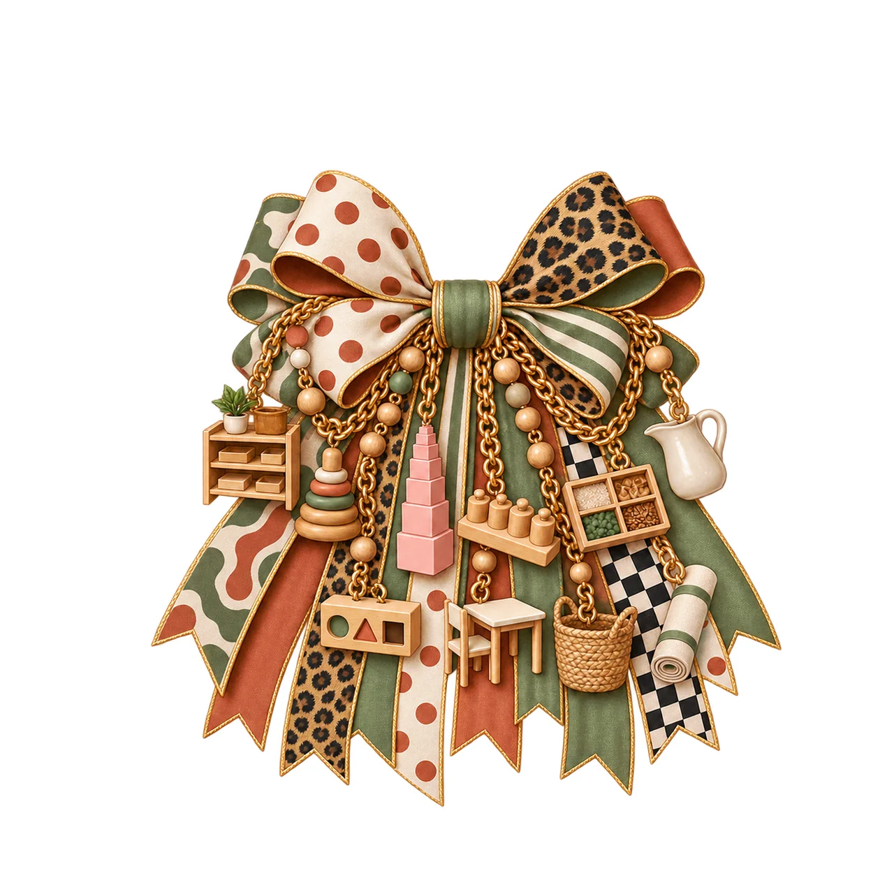 Montessori Teacher Bow Charm PNG, Gold Chain Charms, Transparent Sublimation Design, Digital Download