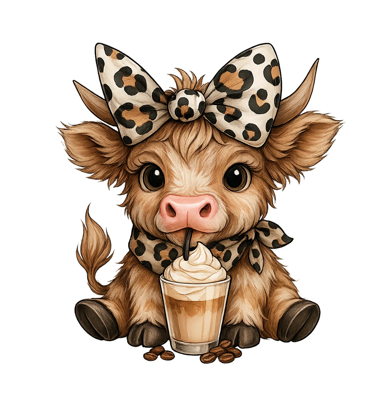 Coffee Cow Fluffy Drinking With Leopard Print Bow scarf cup