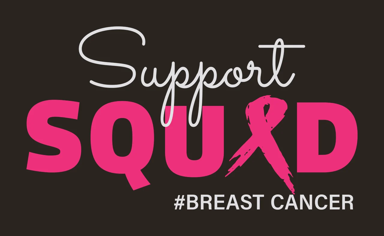 Support SQUAD #BREAST CANCER Typography Design with pink ribbon, cursive font, bold lettering and hashtag text in light gray and white contrast preview thumbnail