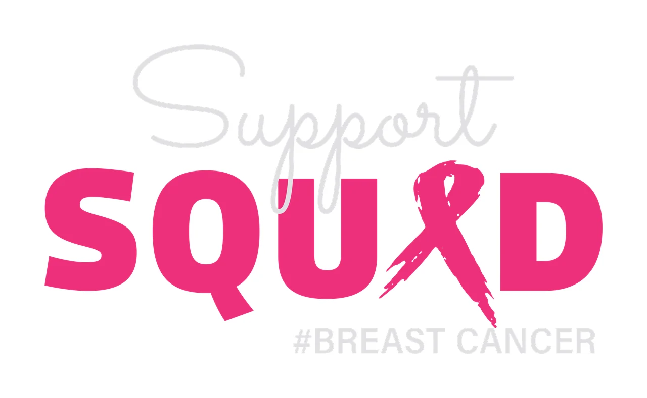 Support SQUAD #BREAST CANCER Typography Design with pink ribbon, cursive font, bold lettering and hashtag text in light gray and white