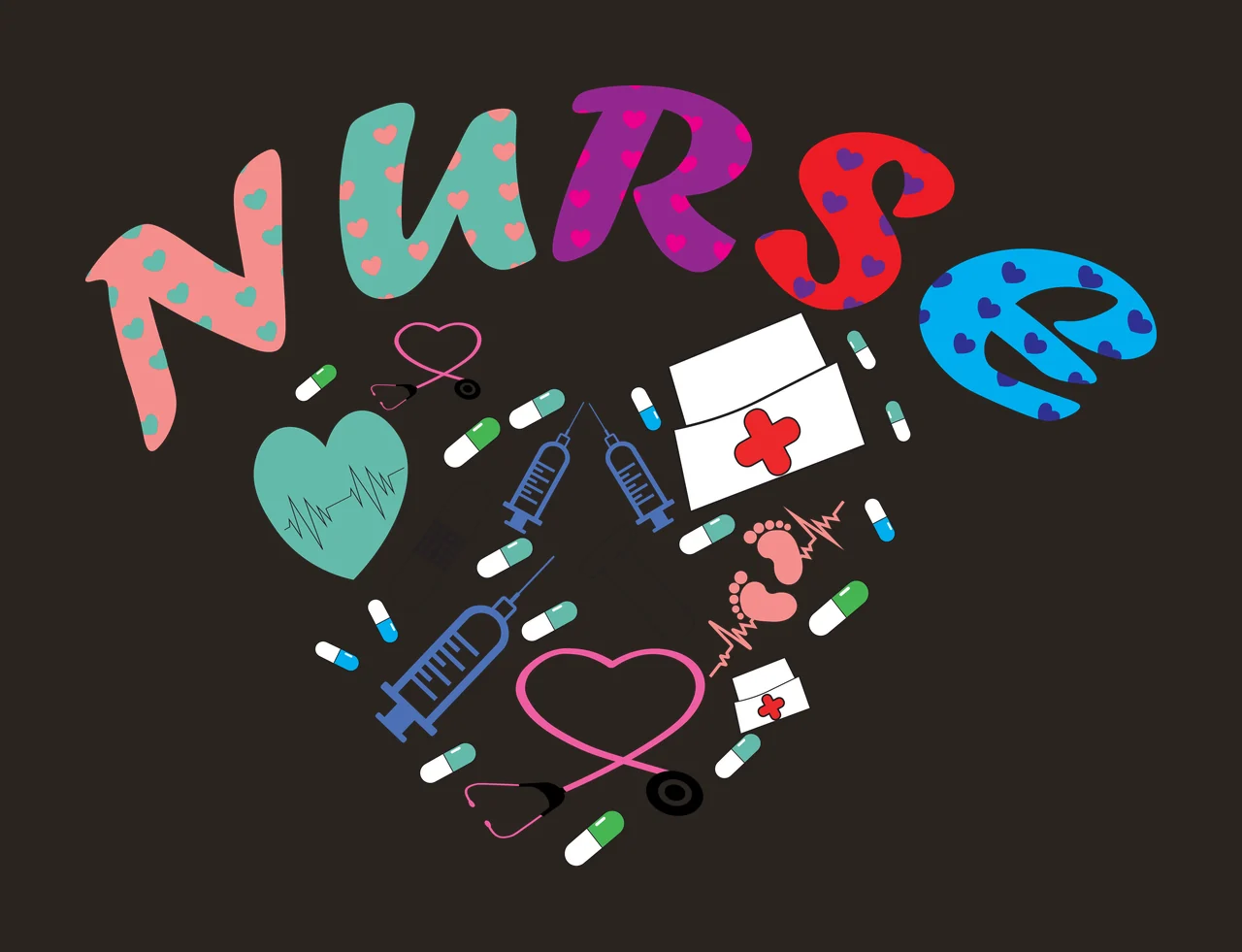 NURSE Typography Design with NURSE letters with heart patterns, green heart with ECG line, pink heart with stethoscope loop and blue syringes in teal and purple contrast preview thumbnail