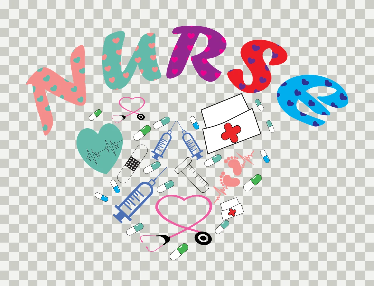 NURSE Typography Design with NURSE letters with heart patterns, green heart with ECG line, pink heart with stethoscope loop and blue syringes in teal and purple transparency and detail preview thumbnail