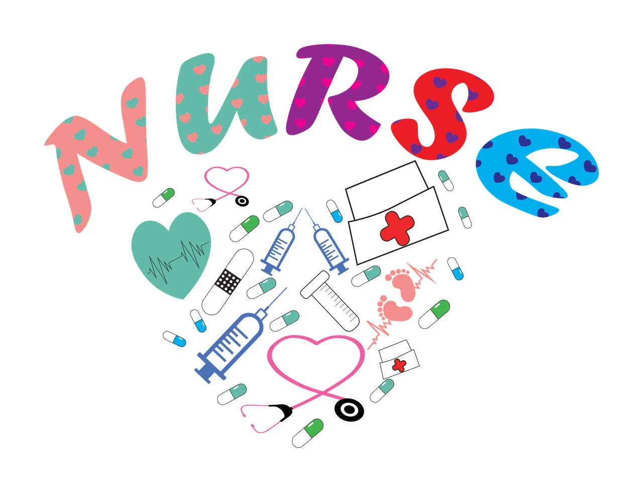 NURSE Typography Design with NURSE letters with heart patterns, green heart with ECG line, pink heart with stethoscope loop and blue syringes in teal and purple