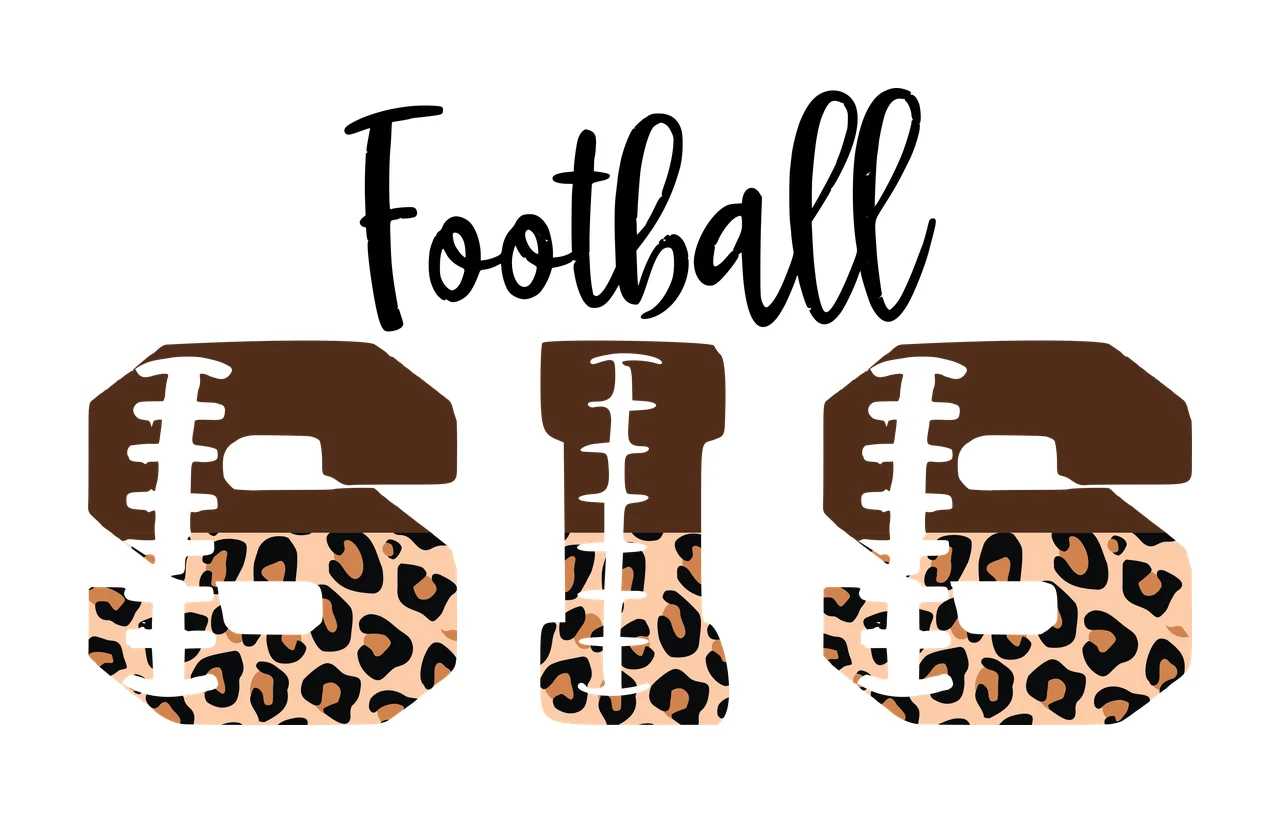Football SIS Football SIS Design with leopard print, brown football-shaped letters, white football laces and black cursive 'Football' text in beige