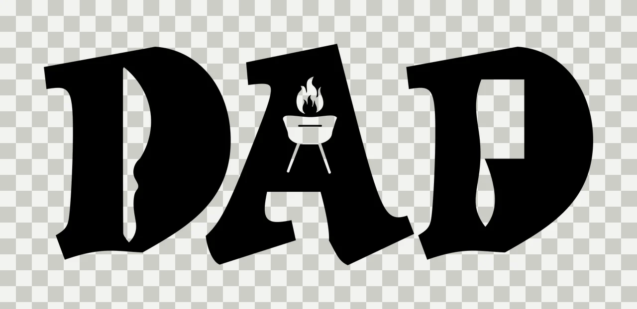 DAD DAD wordmark Design with DAD lettering, barbecue grill icon, flames and knife silhouette cutout in black and white transparency and detail preview thumbnail