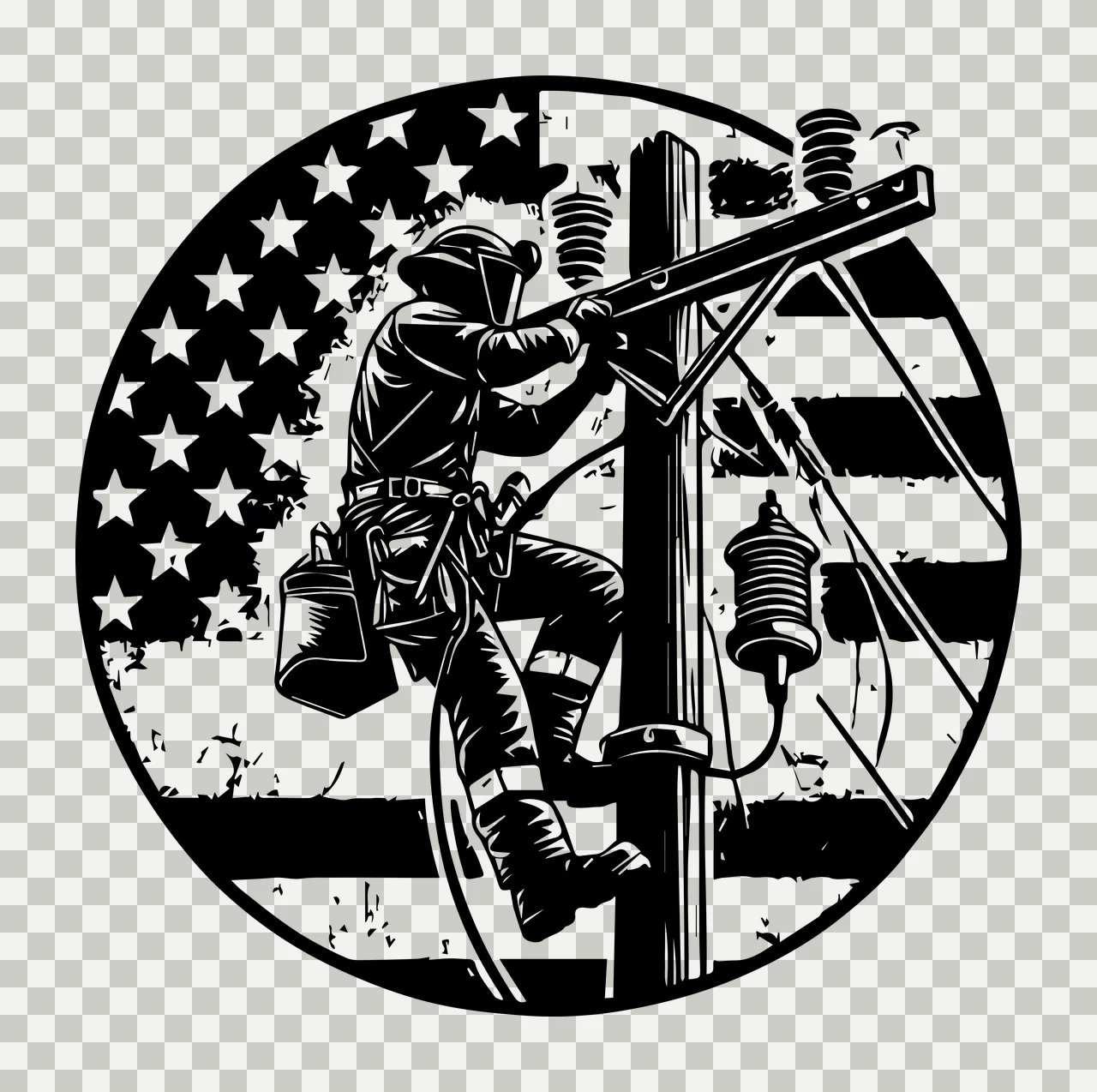 Worker On Utility Pole Emblem working flag lines circular graphic transparency and detail preview thumbnail