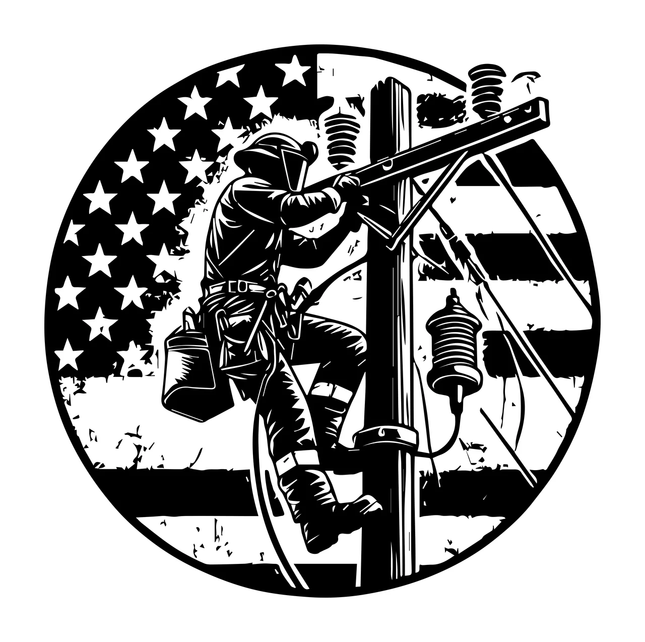 Worker On Utility Pole Emblem working flag lines circular graphic