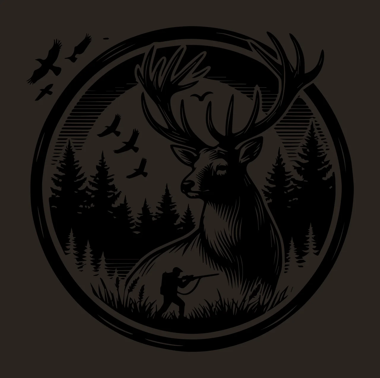 Silhouette Design of Circular black-and-white wildlife emblem with stag, forest, birds, and hunter with stag with antlers, forest of pine trees, flying birds and hunter holding rifle contrast preview thumbnail