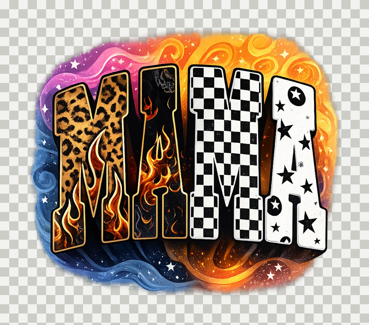 Mama Text With Leopard Print And Flames checkerboard stars transparency and detail preview thumbnail