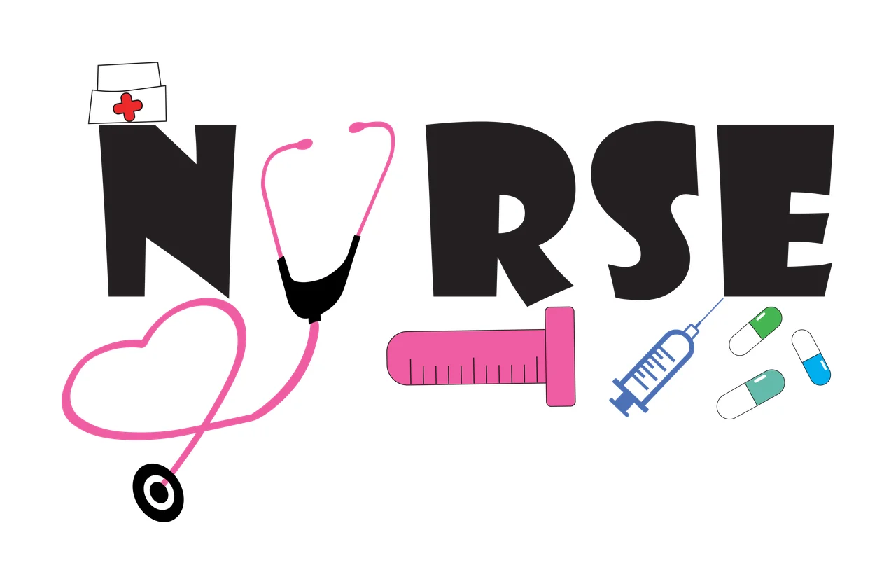 NURSE Typography Design with NURSE text, pink stethoscope, nurse cap with red cross and pink syringe in black and blue