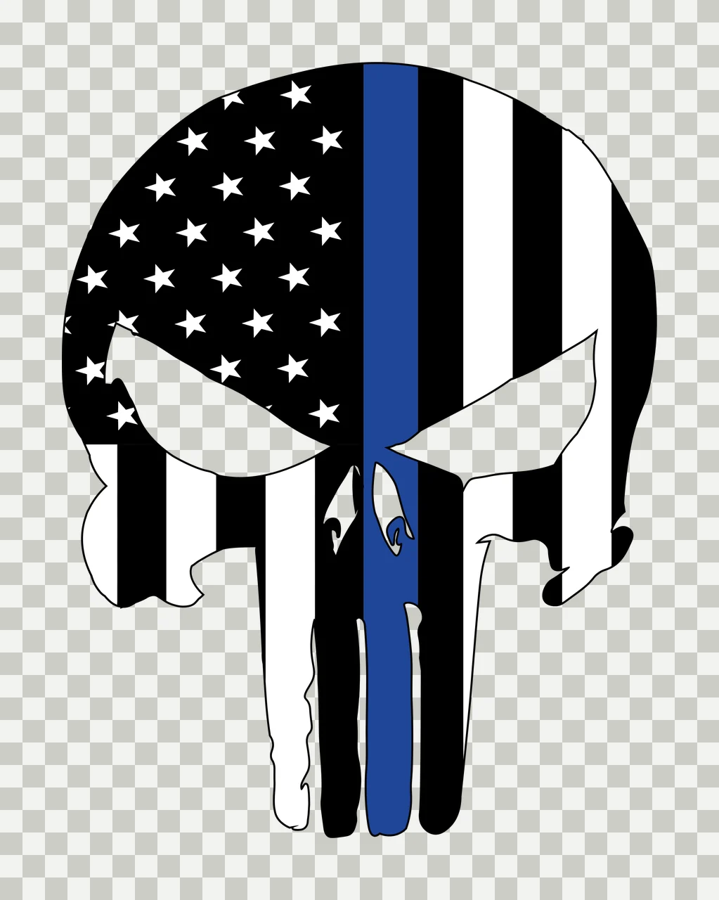 Skull silhouette Illustration with stars, stripes and blue line in black and white transparency and detail preview thumbnail