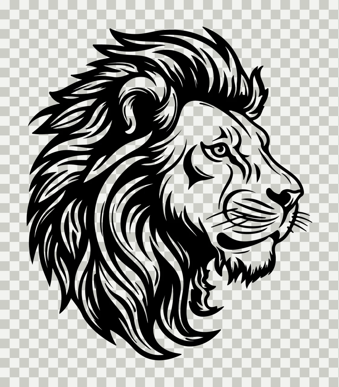 Lion Head Profile View mane whiskers line drawing black plain transparency and detail preview thumbnail