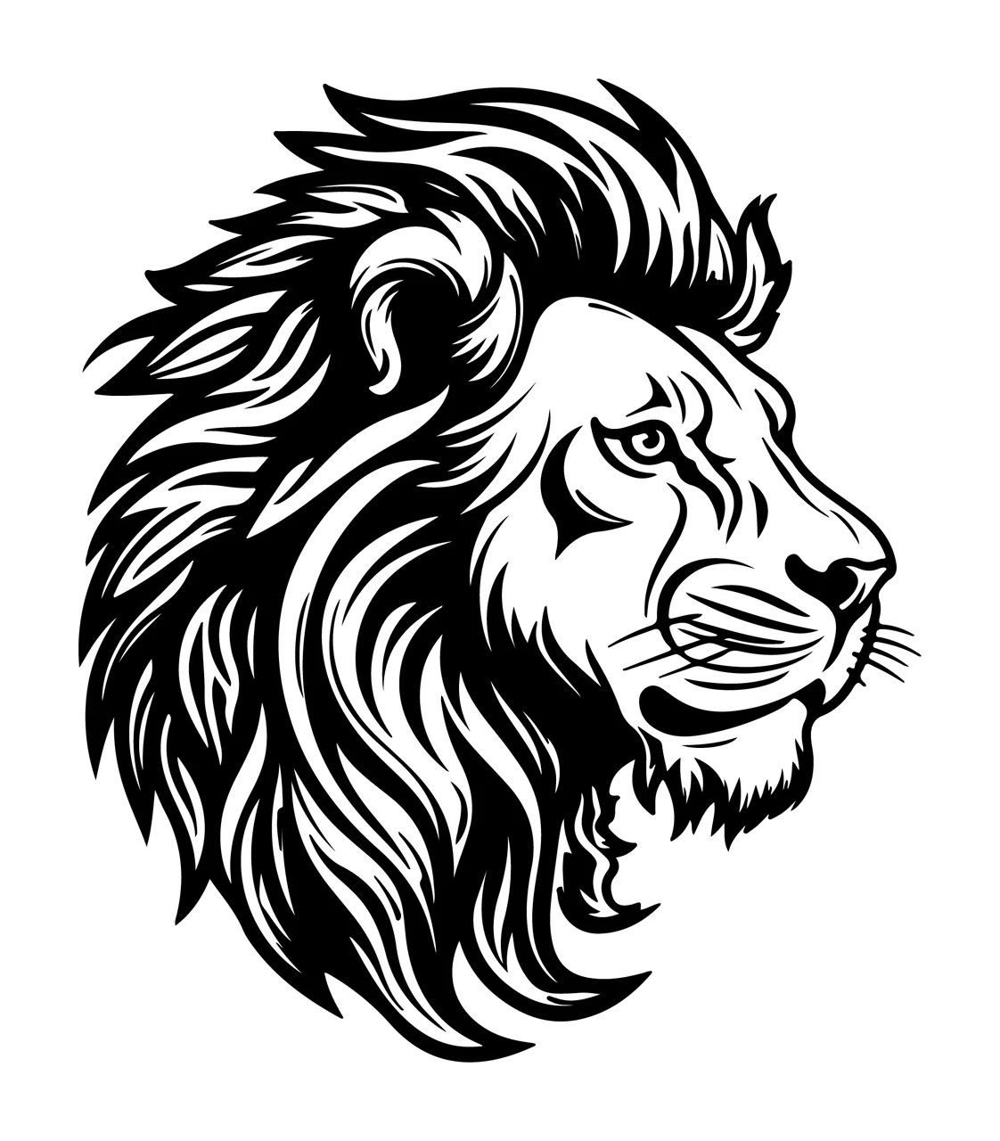 Lion Head Profile View mane whiskers line drawing black plain