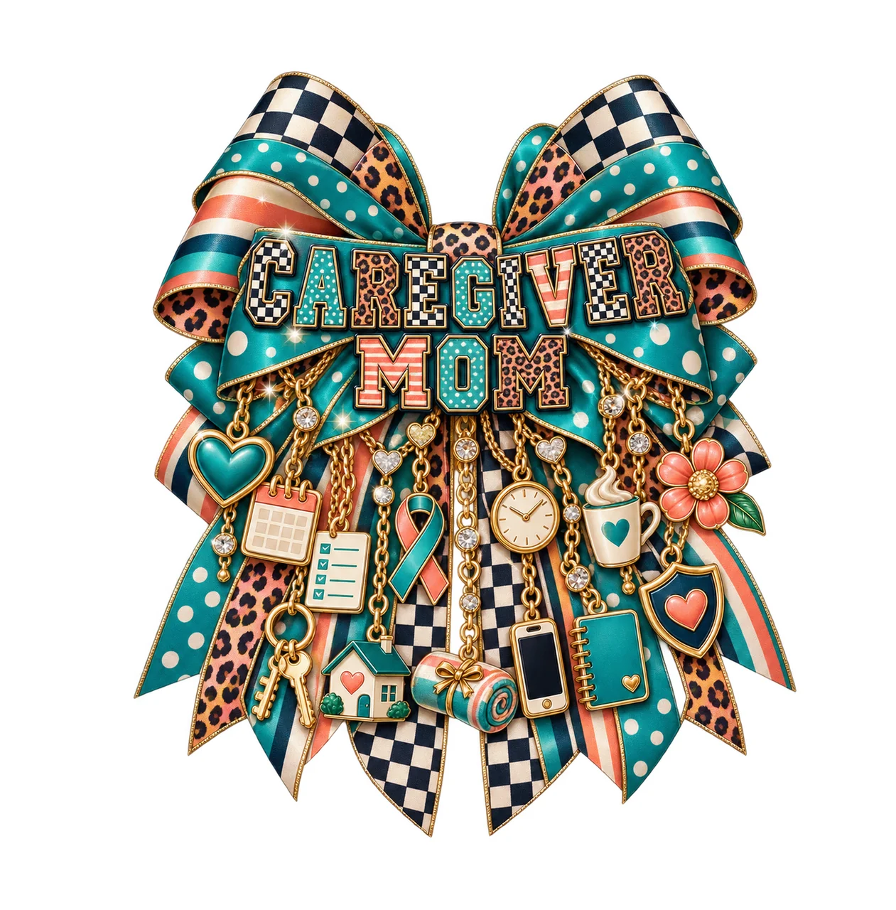 Caregiver Mom Bow Charm PNG, Patterned Varsity Mom Ribbon Clipart, Transparent Sublimation Digital Download
