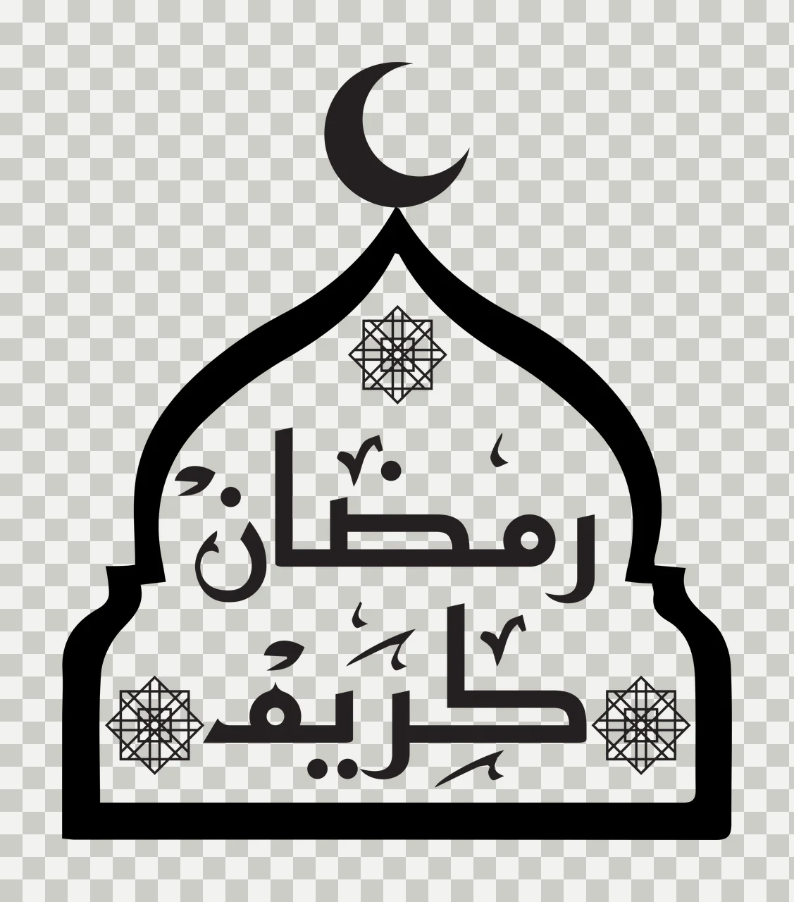 رمضان مبارك Mosque arch design with crescent moon, mosque arch outline, Arabic calligraphy text and geometric star patterns in black and white transparency and detail preview thumbnail