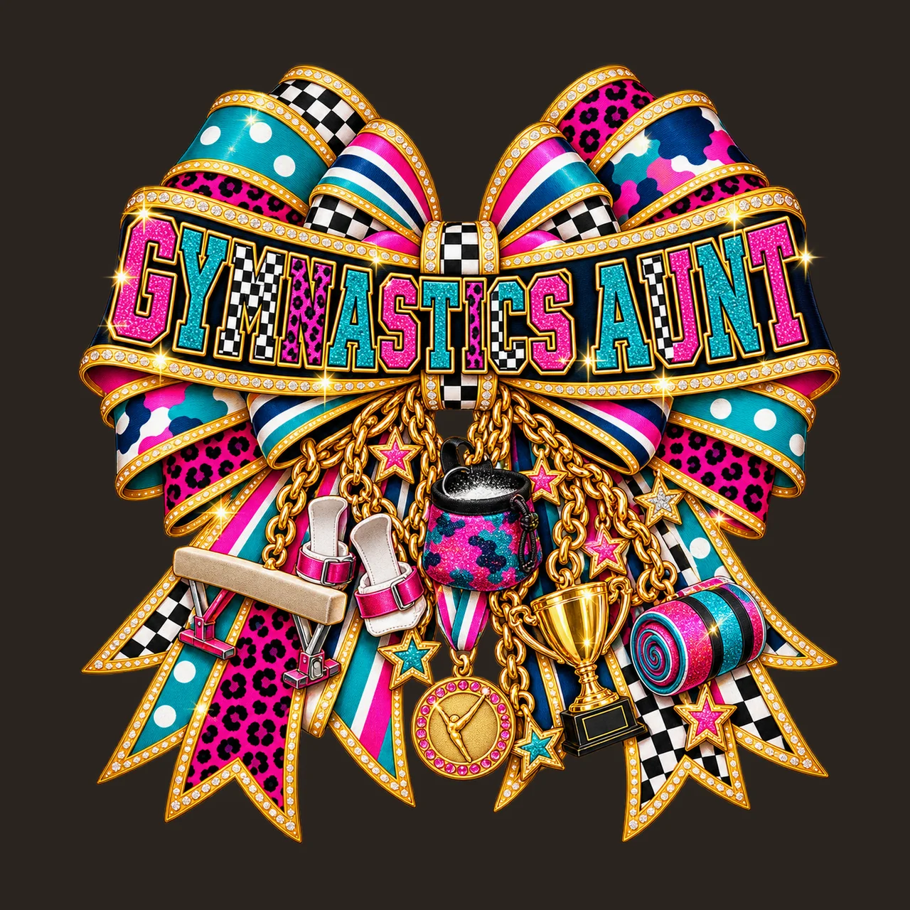 Gymnastics Aunt Bow Charm PNG, Patterned Varsity Aunt Ribbon Clipart, Transparent Sublimation Digital Download contrast preview thumbnail