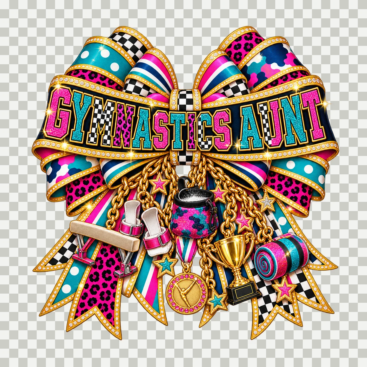 Gymnastics Aunt Bow Charm PNG, Patterned Varsity Aunt Ribbon Clipart, Transparent Sublimation Digital Download transparency and detail preview thumbnail