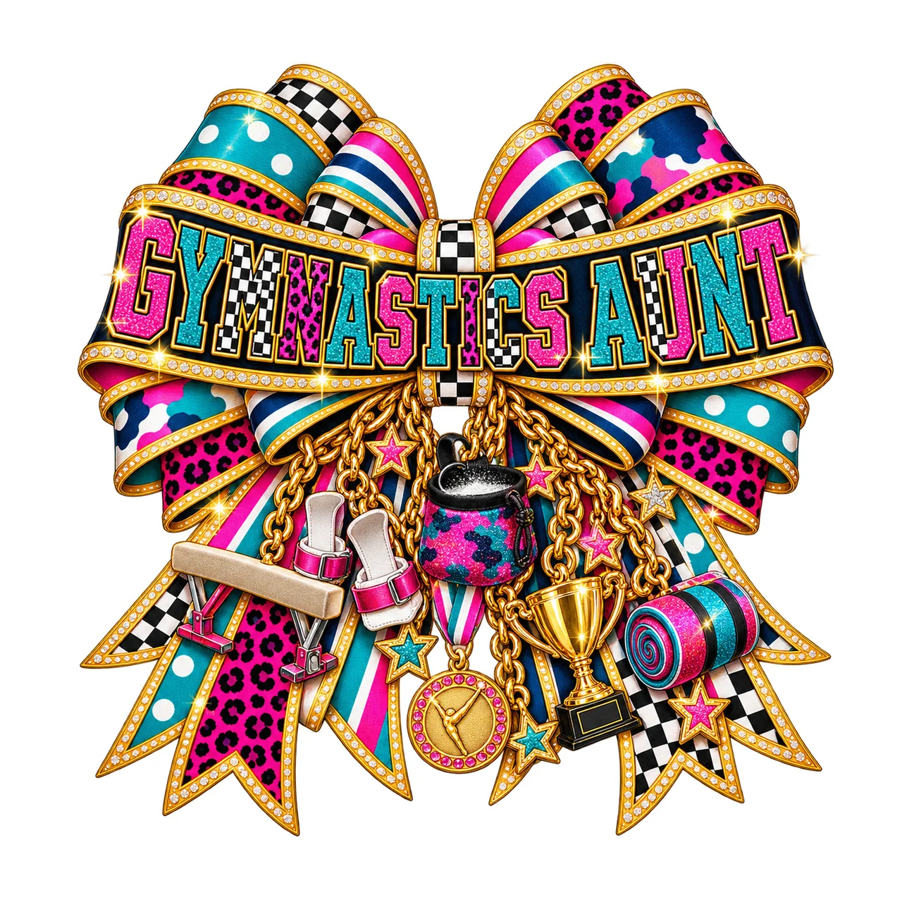 Gymnastics Aunt Bow Charm PNG, Patterned Varsity Aunt Ribbon Clipart, Transparent Sublimation Digital Download