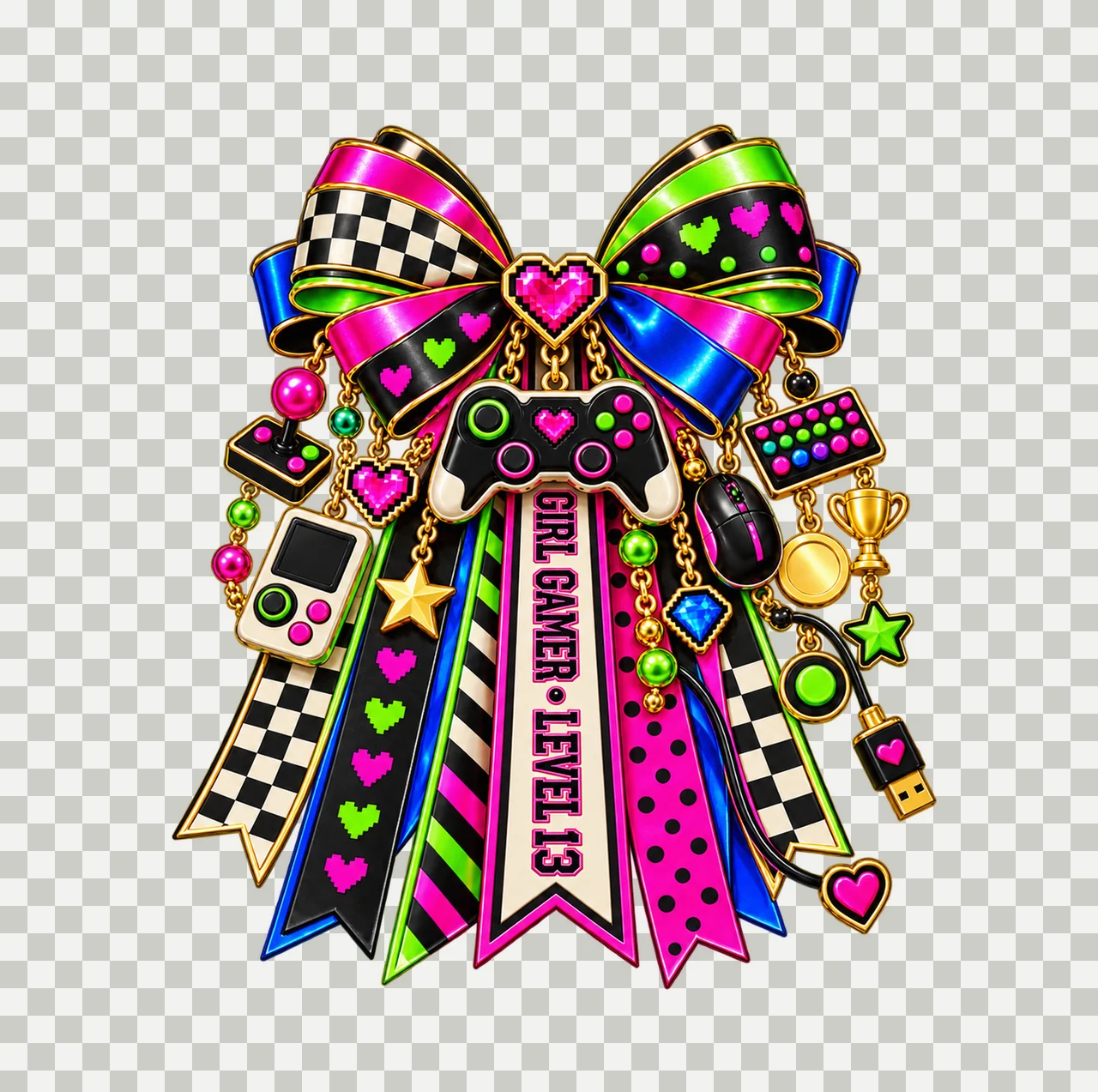 Girl Gamer Level 13 Bow Charm PNG, Patterned Coquette Bow Clipart, Transparent Sublimation Digital Download transparency and detail preview thumbnail