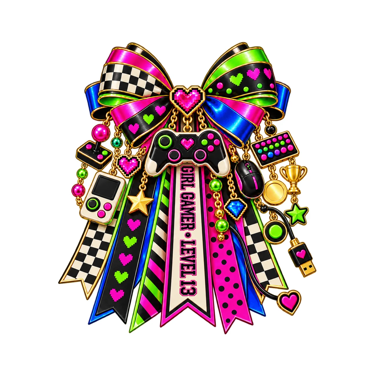Girl Gamer Level 13 Bow Charm PNG, Patterned Coquette Bow Clipart, Transparent Sublimation Digital Download
