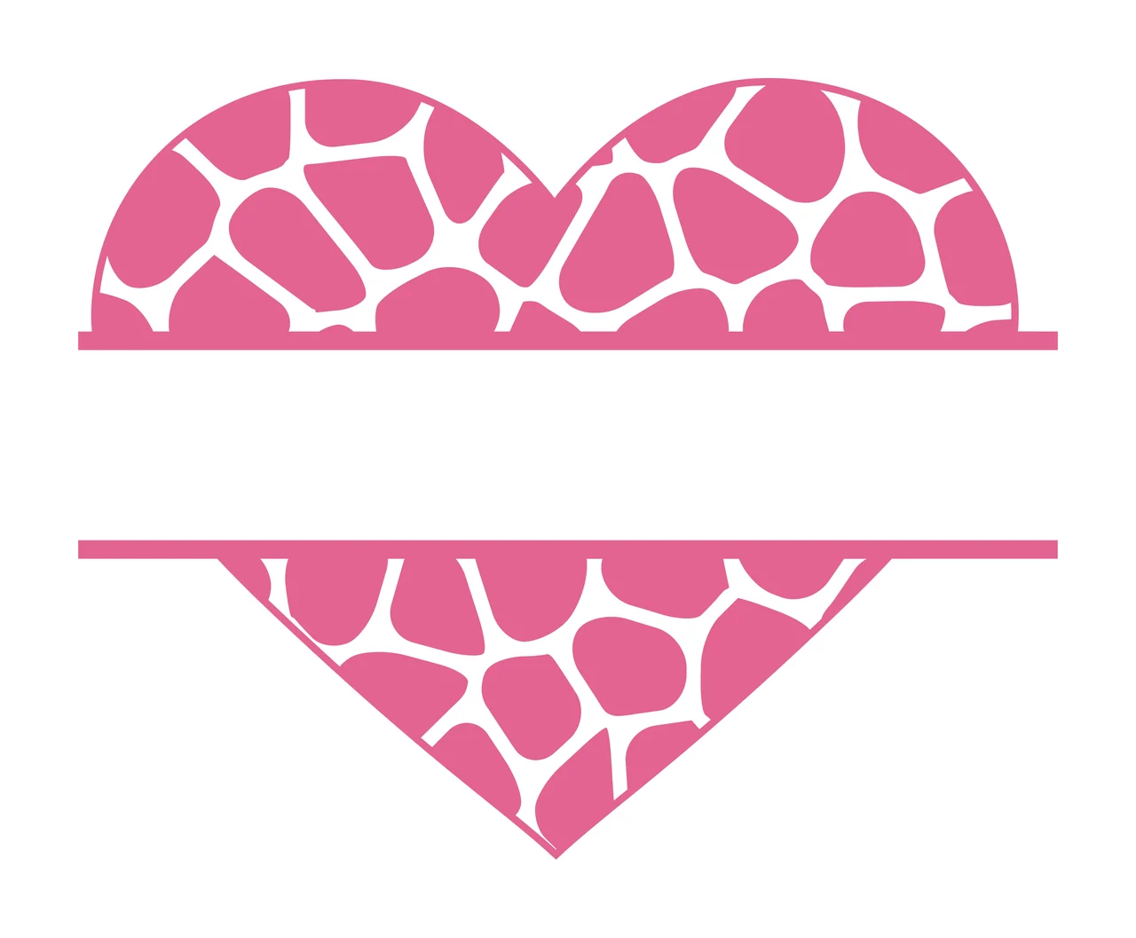 Split heart monogram frame with heart shape, giraffe pattern, animal spots and horizontal split frame in pink and white