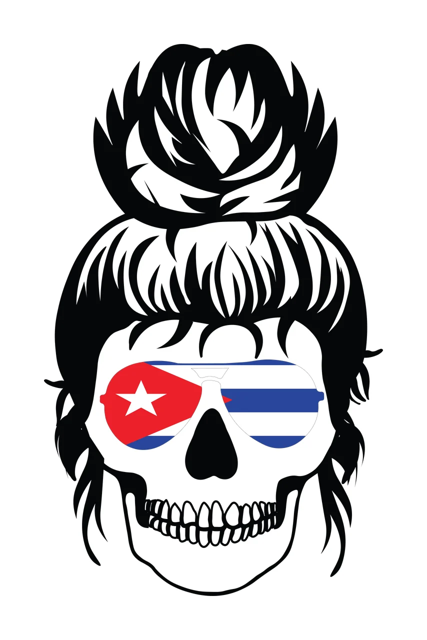 Skull Wearing Sunglasses With Flag Reflection messy bun teeth