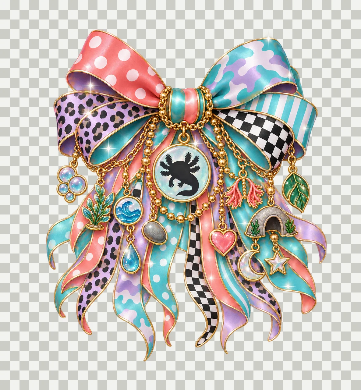 Axolotl Lover Bow Charm PNG, Themed Gold Chain Charms, Coquette Ribbon Sublimation Design, Transparent Digital Download transparency and detail preview thumbnail