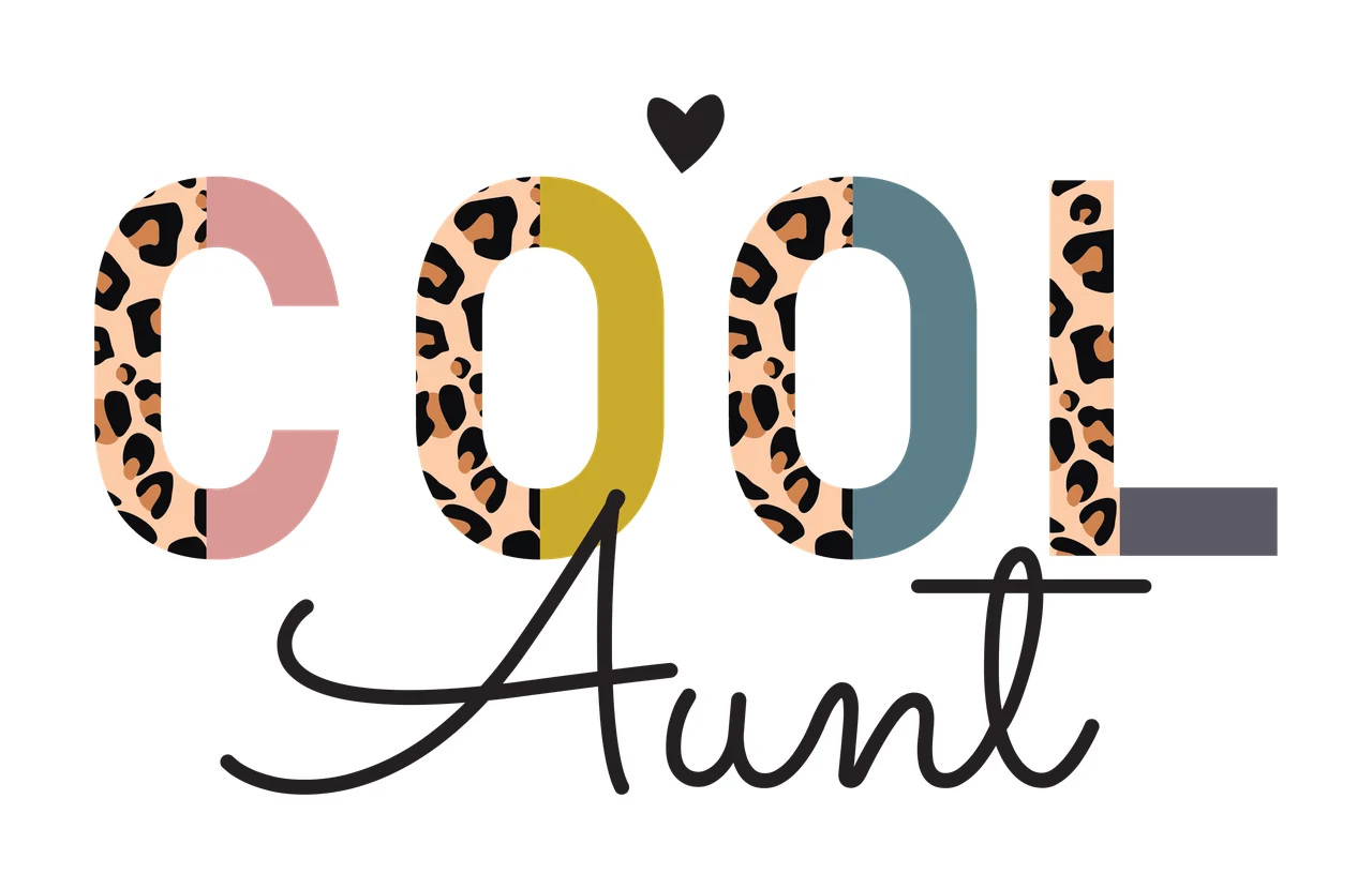 COOL Aunt Typography Design with leopard print letters, pink letter C, yellow letter O and blue letter O