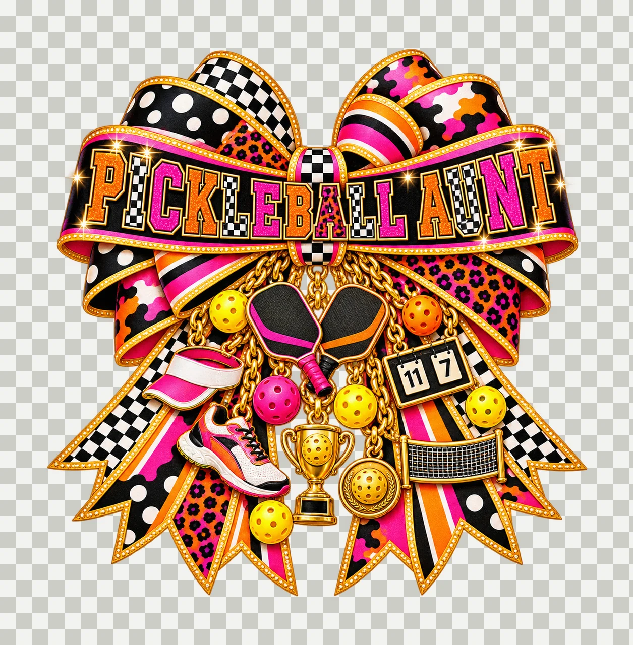 Pickleball Aunt Bow Charm PNG, Patterned Varsity Aunt Ribbon Clipart, Transparent Sublimation Digital Download transparency and detail preview thumbnail